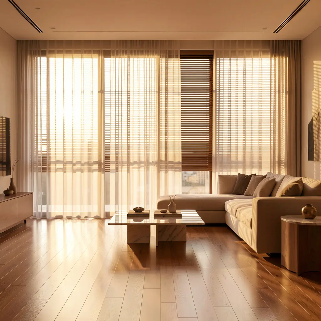Luxurious minimalist living room with floor-to-ceiling sheer curtains and venetian blinds at golden hour