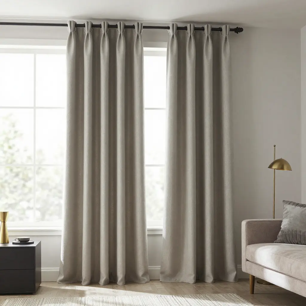 Elegant thermal drapes in modern living room with natural light filtering through